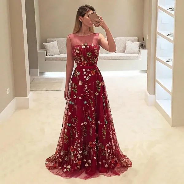 A-Line Bateau Burgundy Floral Lace Long Prom Dresses Straps Party Dresses WK735