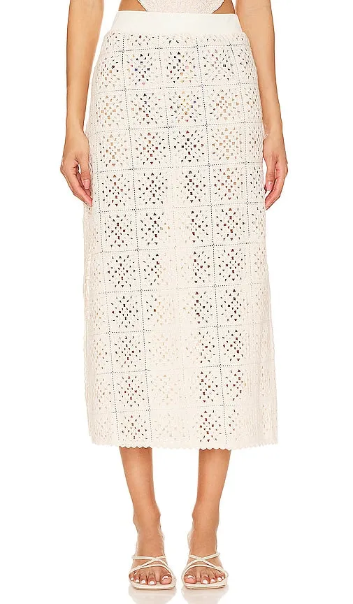 Agua Bendita X Revolve Mira Gres Crochet Midi Skirt in Beige