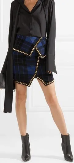 Asymmetric Embellished Tartan Jacquard Knit Mini-Skirt