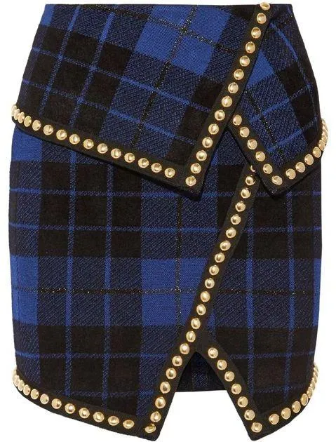 Asymmetric Embellished Tartan Jacquard Knit Mini-Skirt