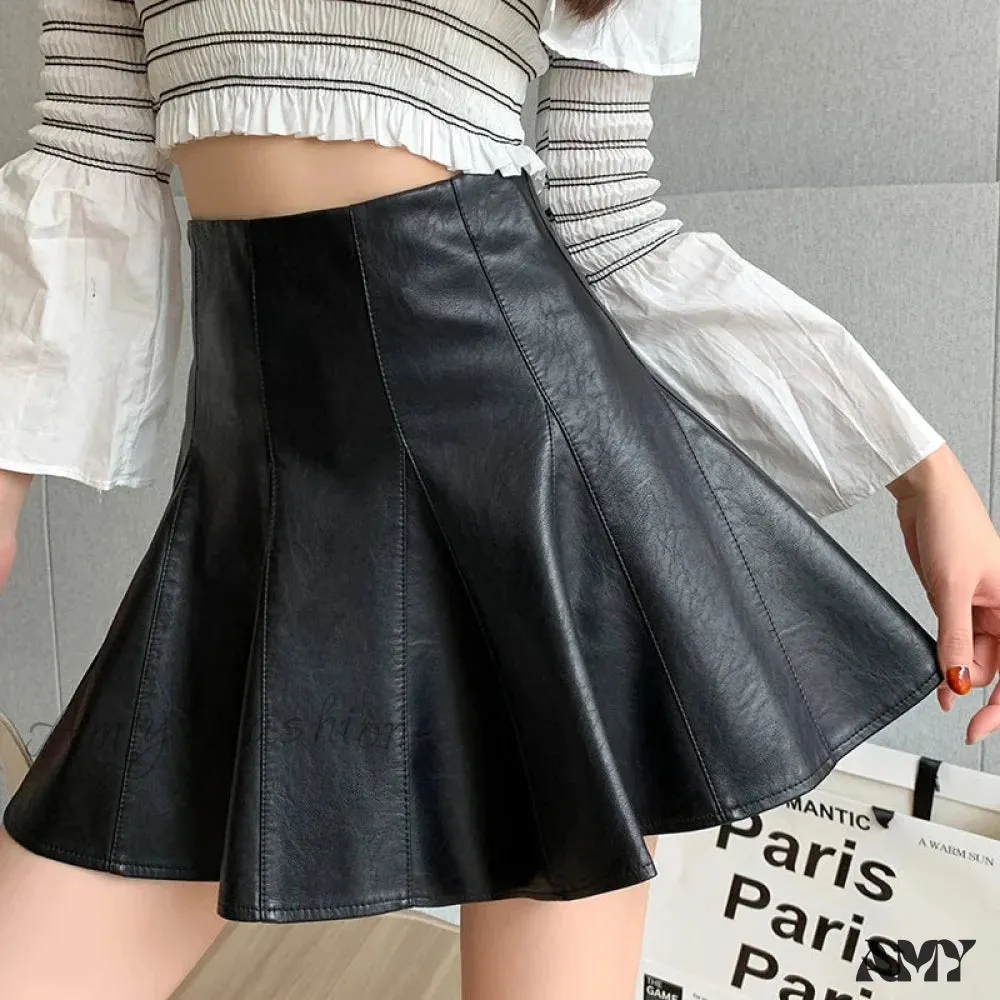 Autumn Winter Leather Pleated High Waist Sexy Black Club Wear Skirt