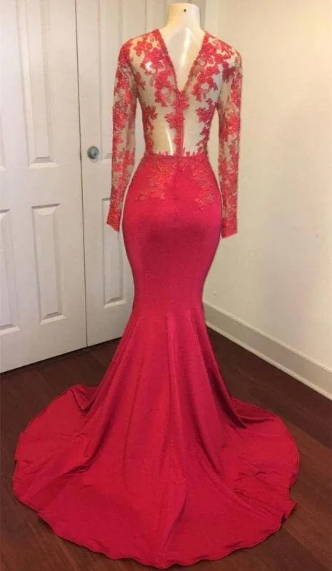 B| Bridelily Elegant Sheer Lace Long Sleeves Mermaid Prom Dresses