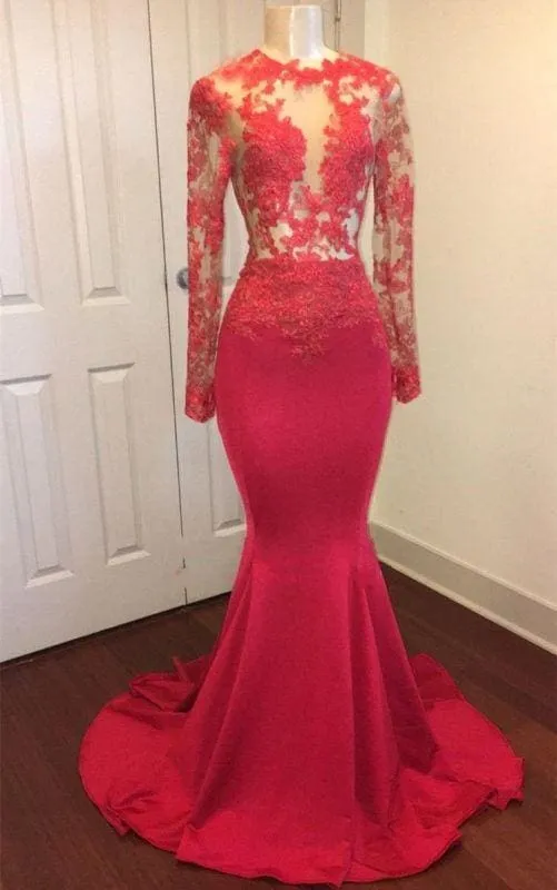 B| Bridelily Elegant Sheer Lace Long Sleeves Mermaid Prom Dresses