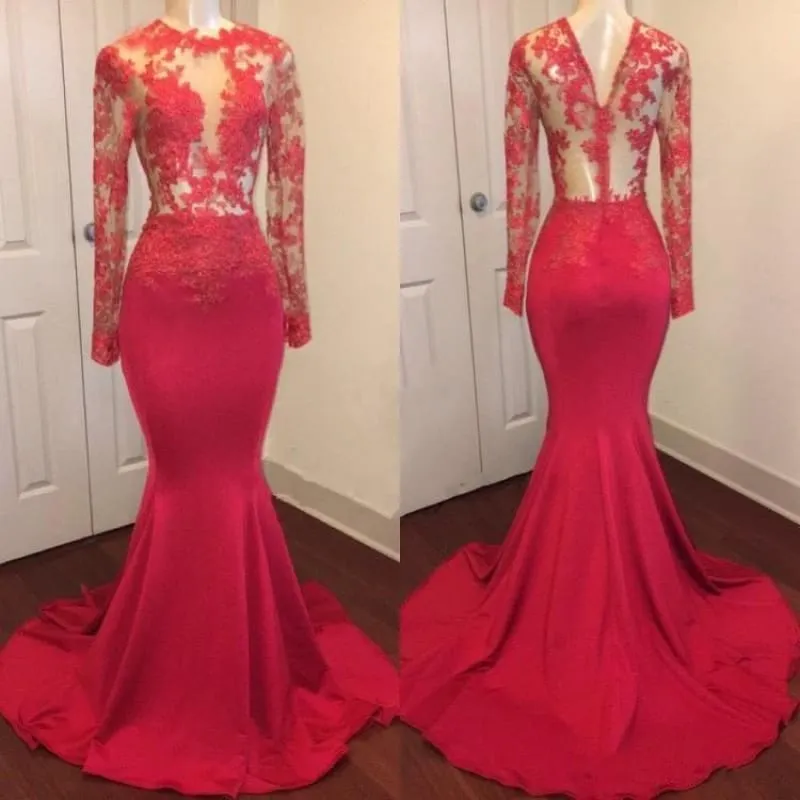 B| Bridelily Elegant Sheer Lace Long Sleeves Mermaid Prom Dresses