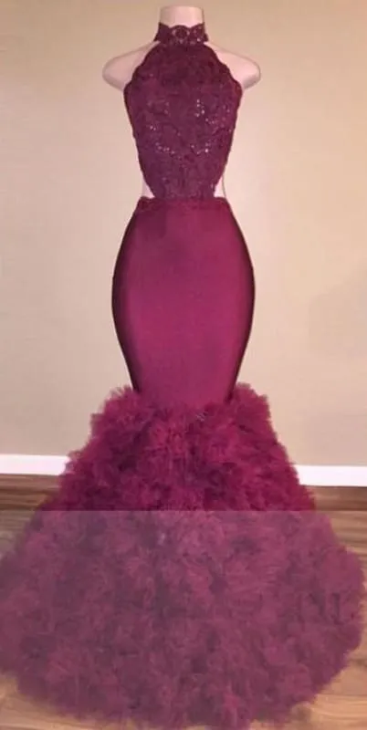 B| Bridelily Glamorous Mermaid Lace Backless Burgundy Prom Dress