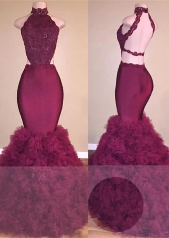 B| Bridelily Glamorous Mermaid Lace Backless Burgundy Prom Dress