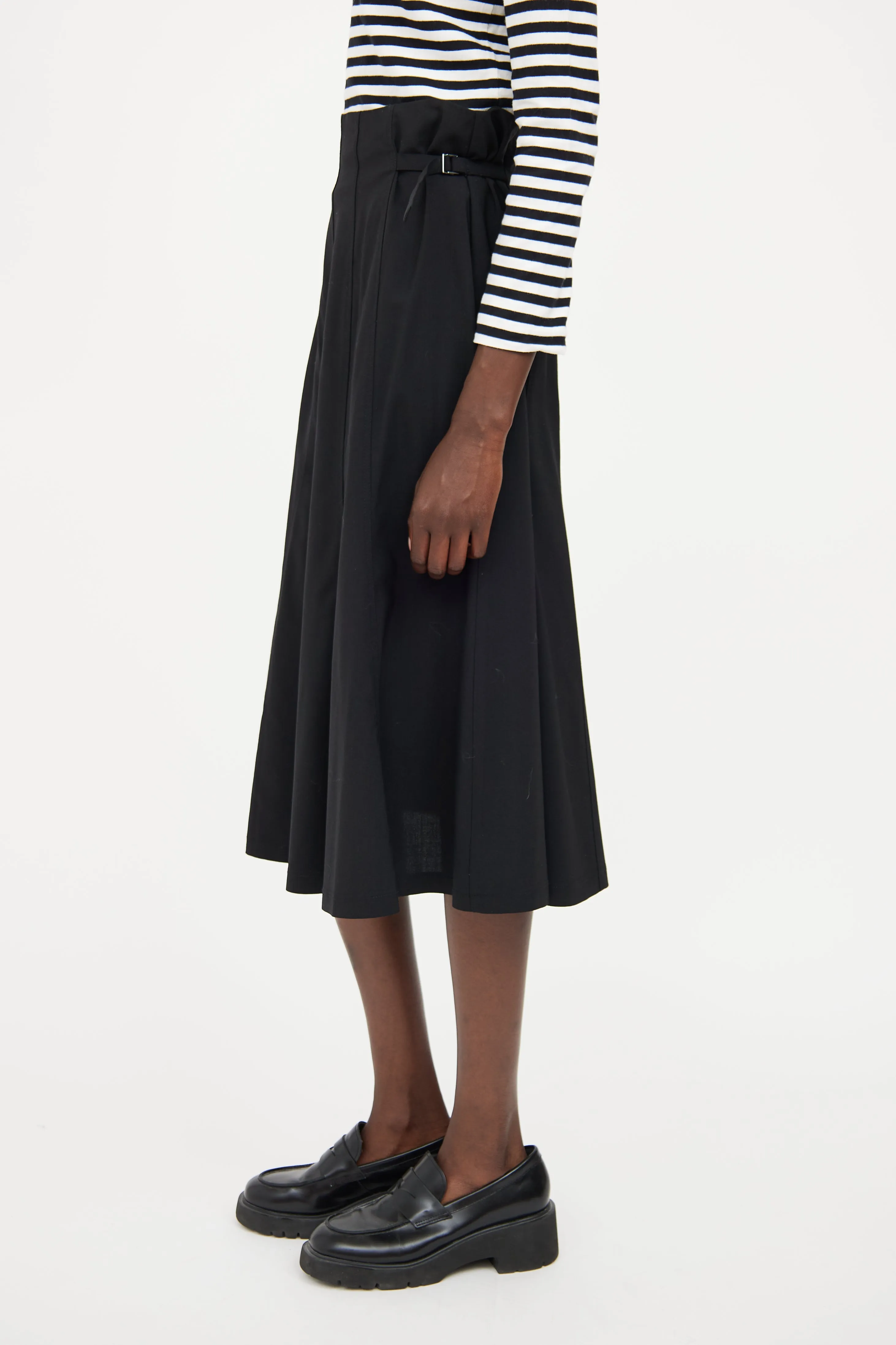 Black Pleat Buckle Midi Skirt