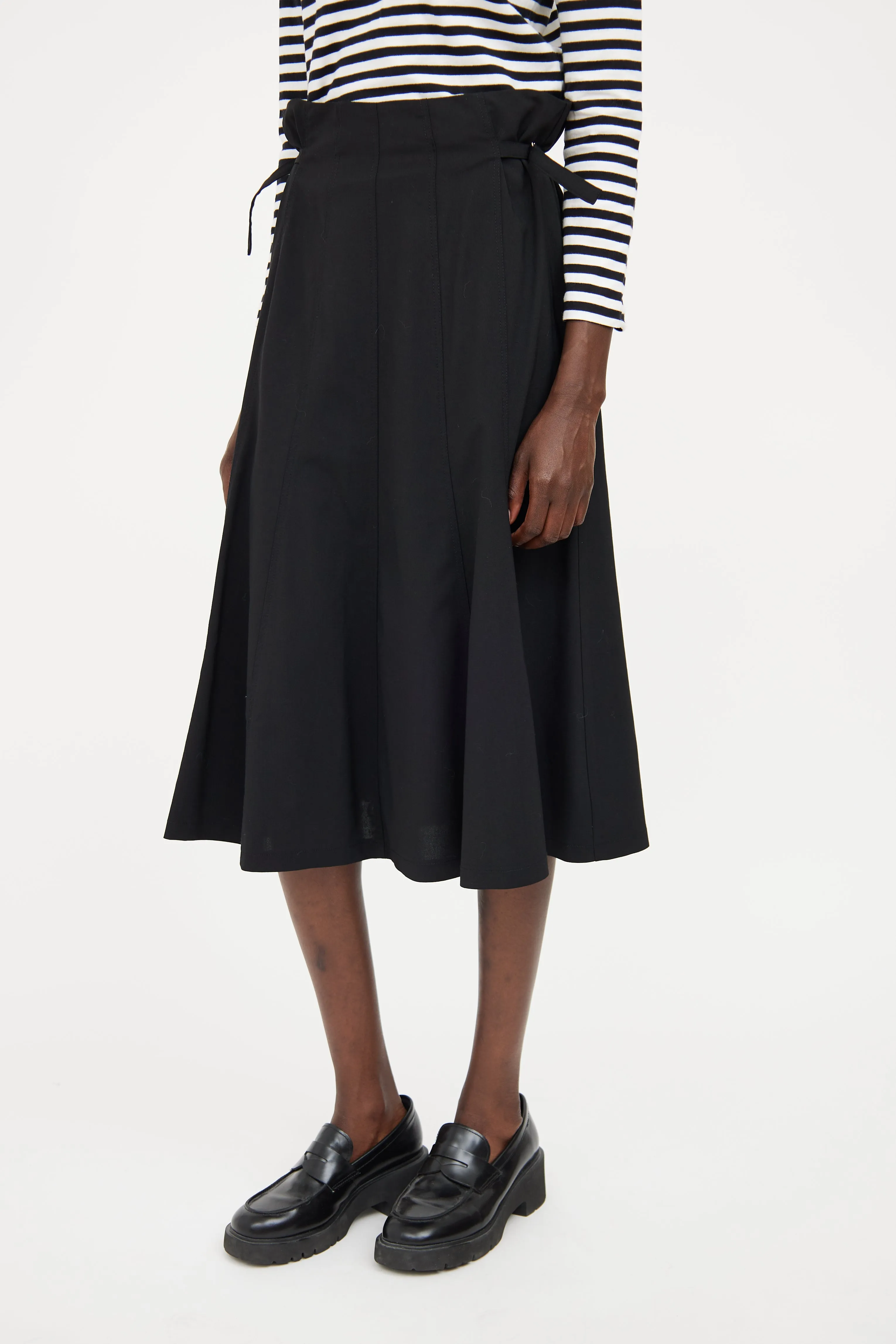 Black Pleat Buckle Midi Skirt