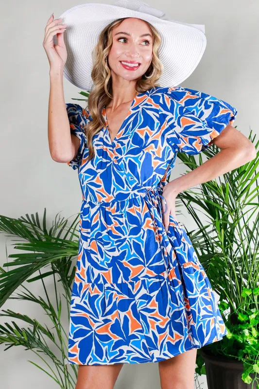 Blue Multi Bubble Short Sleeve Printed Wrap Mini Dress