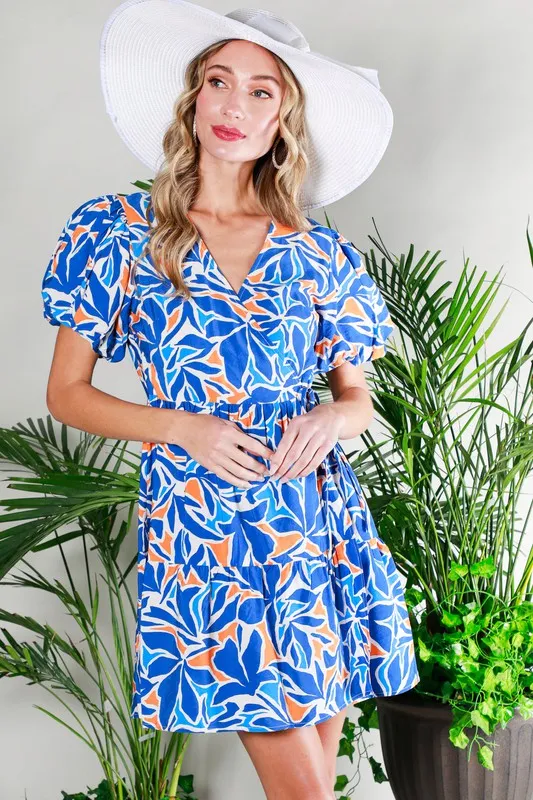 Blue Multi Bubble Short Sleeve Printed Wrap Mini Dress