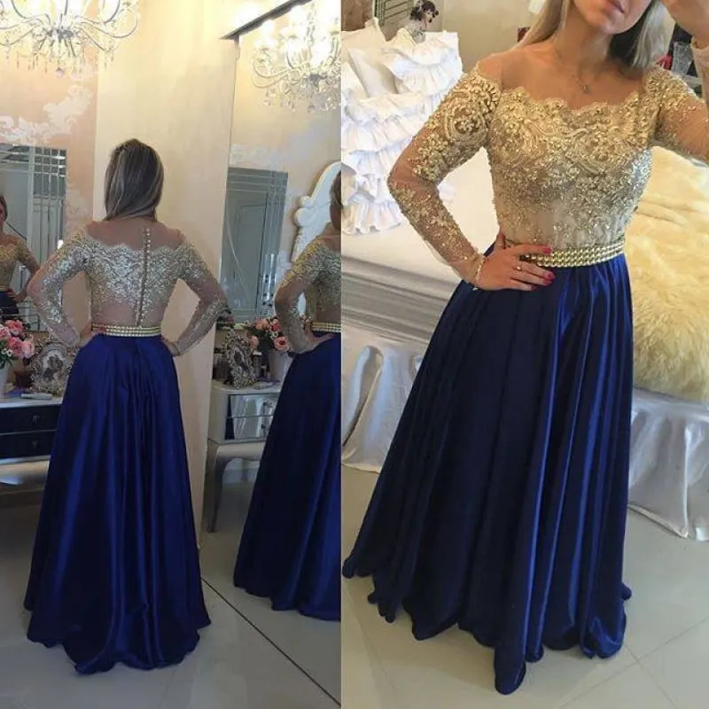 Bridelily 2019 Gold Pink Prom Dresses Long Sleeves Crystals Beaded Off the Shoulder Illusion Lace Evening Gowns Bar0020