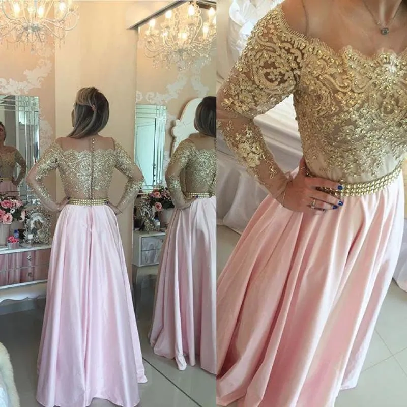 Bridelily 2019 Gold Pink Prom Dresses Long Sleeves Crystals Beaded Off the Shoulder Illusion Lace Evening Gowns Bar0020