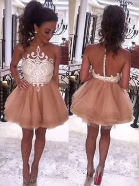 Bridelily A-Line Sleeveless Bateau Tulle With Applique Short/Mini Prom Dresses