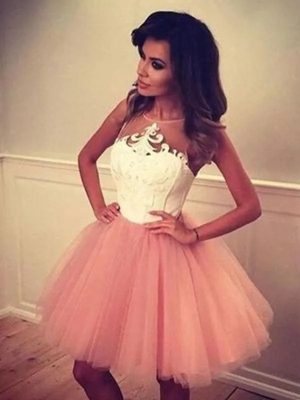 Bridelily A-Line Sleeveless Bateau Tulle With Applique Short/Mini Prom Dresses