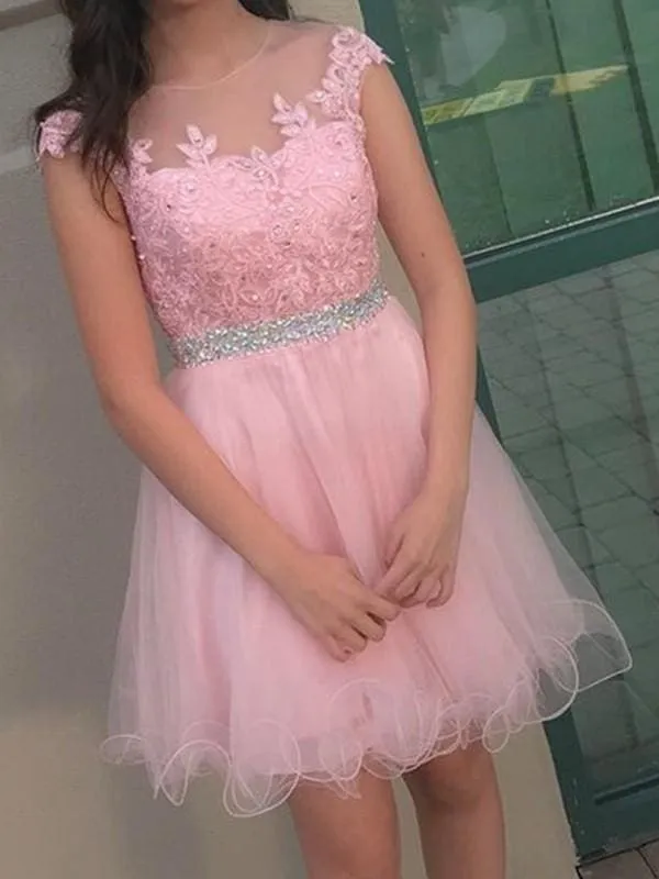 Bridelily A-Line Sleeveless Bateau Tulle With Beading With Applique Short/Mini Dresses