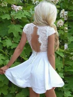 Bridelily A-Line V-neck Lace Satin Short Sleeves Short/Mini Dresses