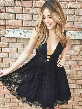 Bridelily A-Line V-Neck Lace Sleeveless Black Short/Mini Dresses
