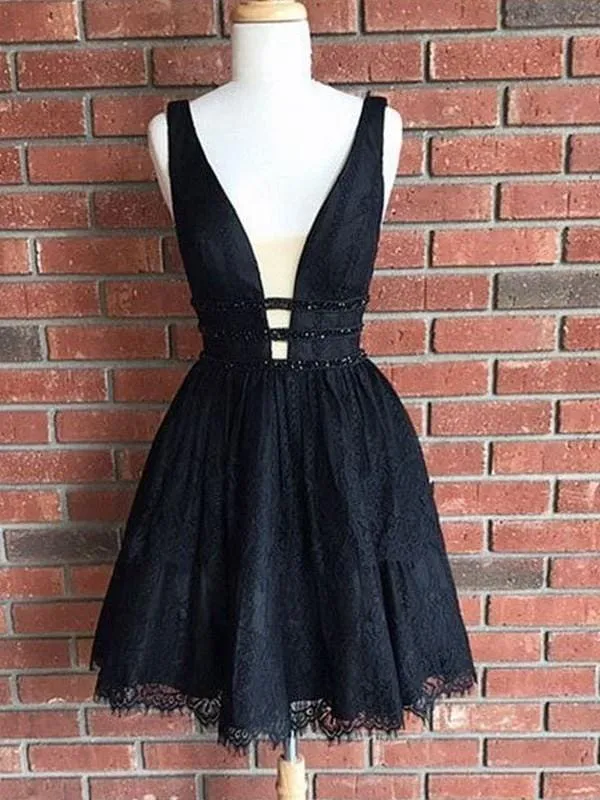 Bridelily A-Line V-Neck Lace Sleeveless Black Short/Mini Dresses