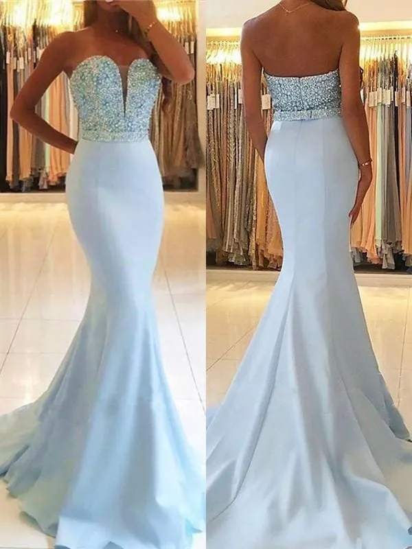 Bridelily Mermaid Sleeveless Sweetheart Sweep/Brush Train With Beading Satin Dresses