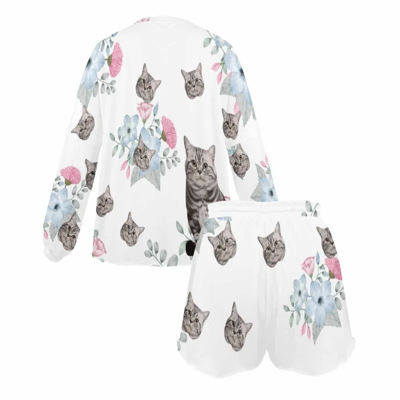 Custom Face Flowers White Women's Pajama Set Long Sleeve Top and Shorts Personalized Loungewear Tracksuits