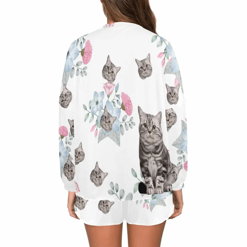 Custom Face Flowers White Women's Pajama Set Long Sleeve Top and Shorts Personalized Loungewear Tracksuits