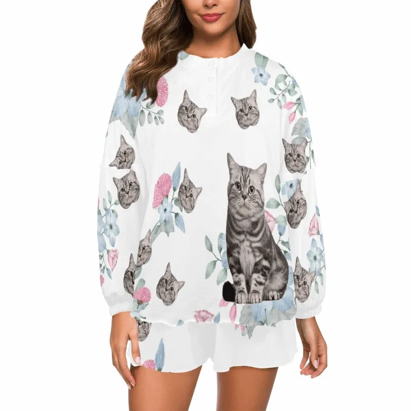 Custom Face Flowers White Women's Pajama Set Long Sleeve Top and Shorts Personalized Loungewear Tracksuits