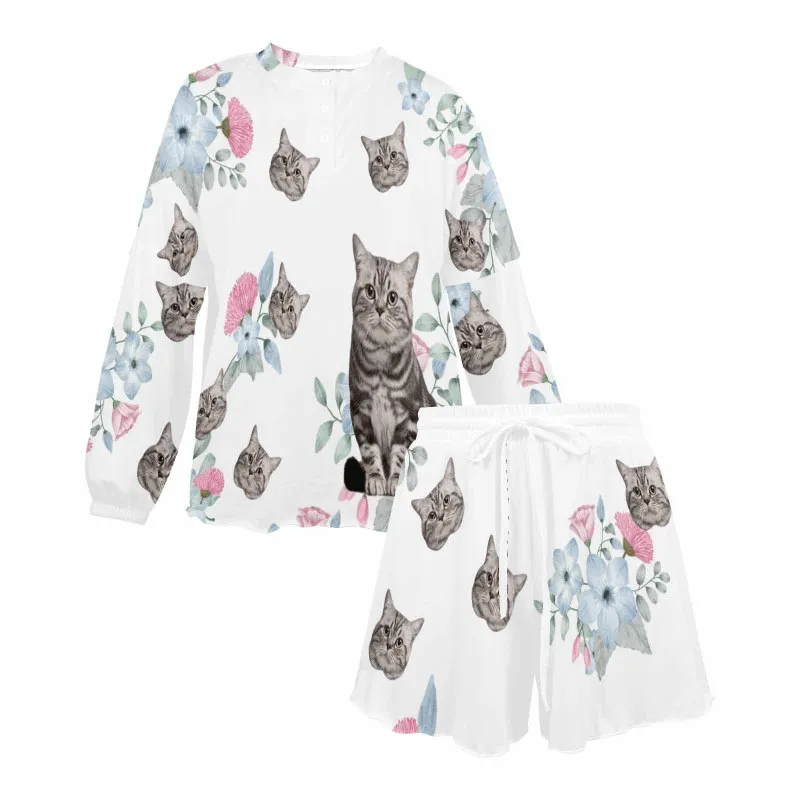 Custom Face Flowers White Women's Pajama Set Long Sleeve Top and Shorts Personalized Loungewear Tracksuits