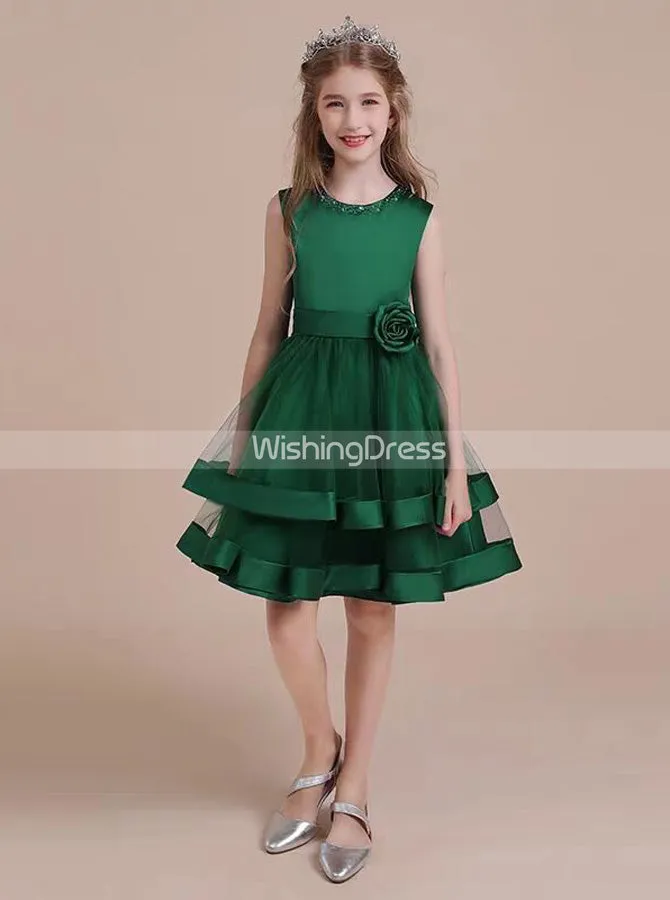 Dark Green Knee Length Little Girls Party Dresses,Satin and Tulle Junior Bridesmaid Dress,JB00077