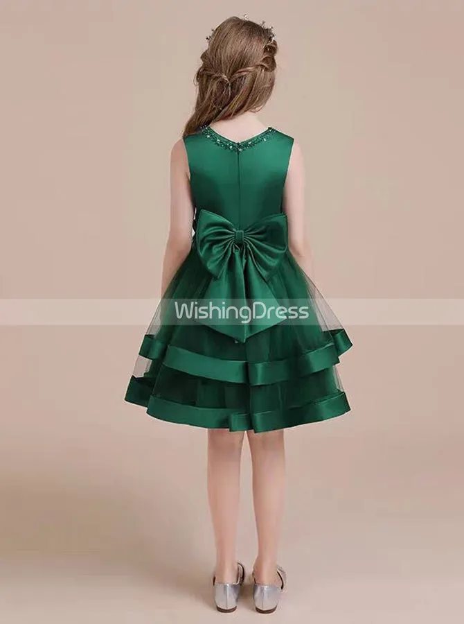 Dark Green Knee Length Little Girls Party Dresses,Satin and Tulle Junior Bridesmaid Dress,JB00077
