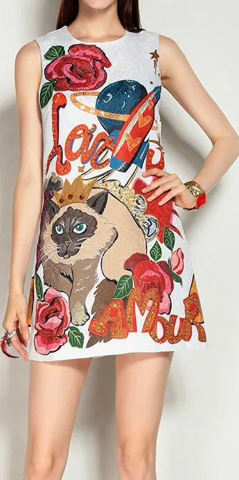 Embellished Cartoon-Print Jacquard Shift Dress