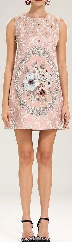 Embroidered Floral Jacquard Shift Dress