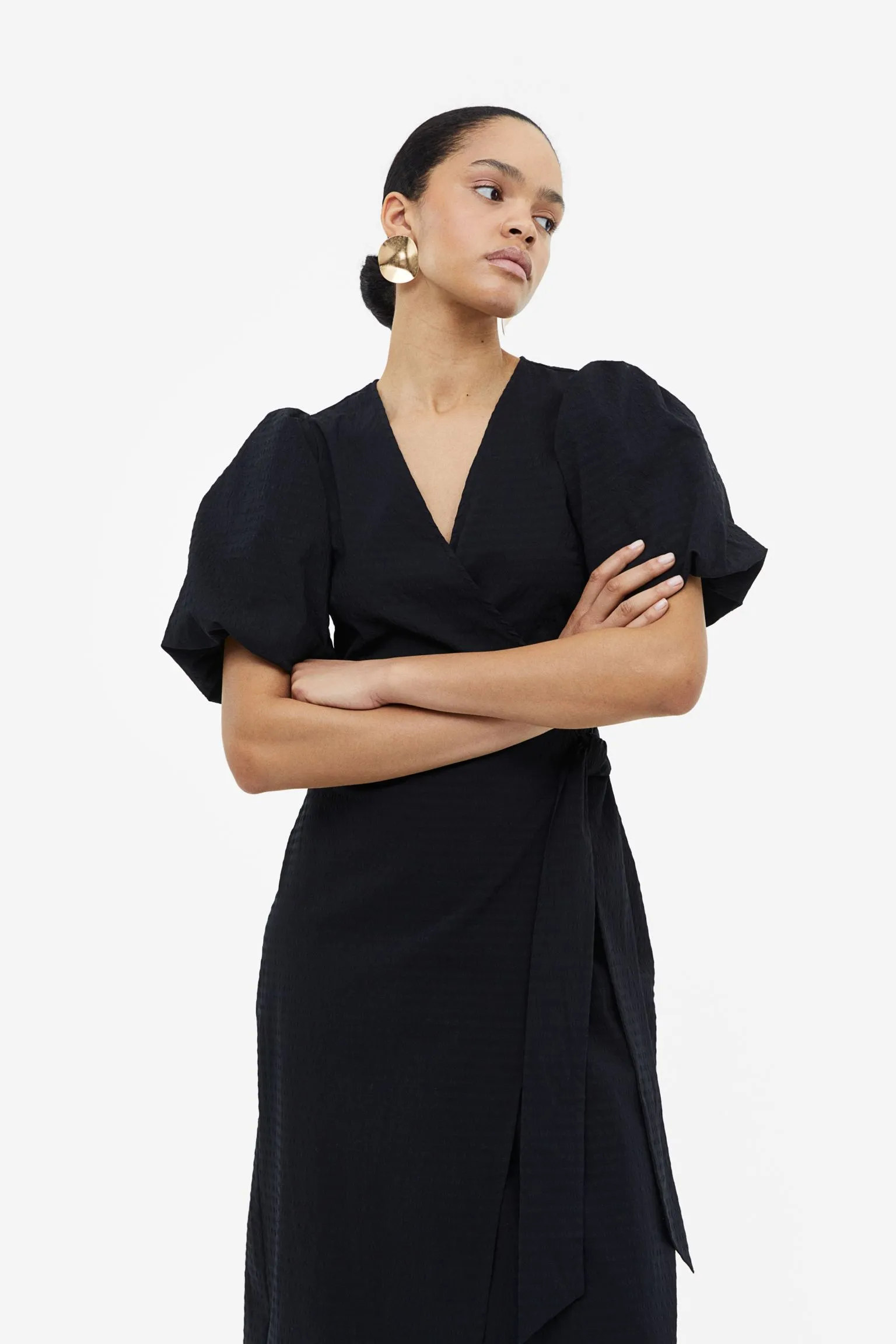 H&M Puff-sleeved Wrap dress, black