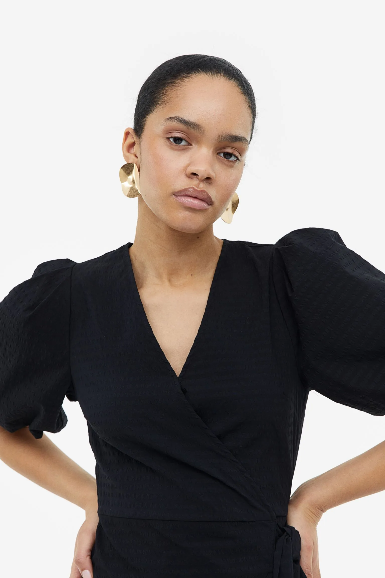 H&M Puff-sleeved Wrap dress, black