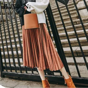 Joskaa Christmas Gift Beiyingni Skirt Women Autumn Winter Gold Velvet Skirts Casual Solid 12Colors High Elastic Waist Pleated Midi Skirt Vintage Kpop