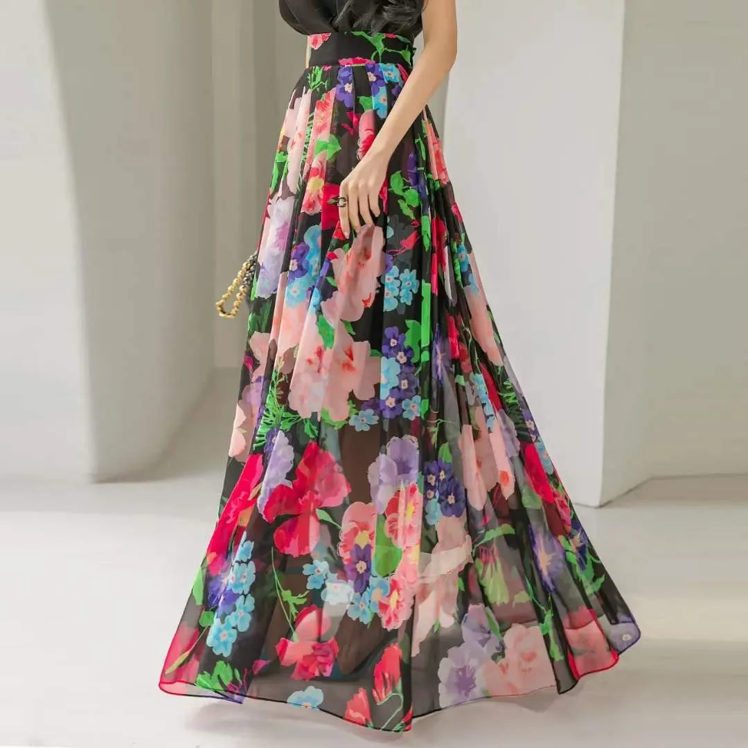 Multicolour Floral Pleated Chiffon Maxi Skirt
