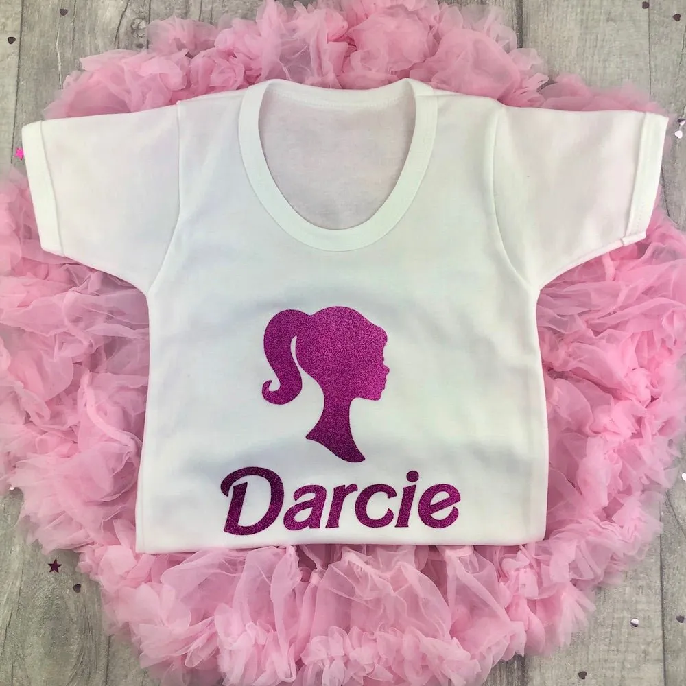 Personalised Barbie Themed Outfit Set, White T-Shirt & Boutique Tutu Skirt